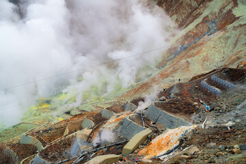 Owakudani volcanic valley, with sulphur vents and hot springs in Hakone, is a popular tourist...
