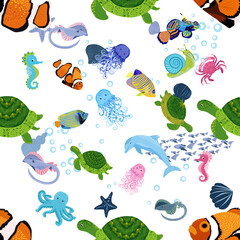 Obraz premium Marine life, fish, animals bright seamless pattern. sea travel, underwater diving animal tropical fish. Jellyfish, whale, shark, seahorse, clown fish, dolphin, turtle, emperor