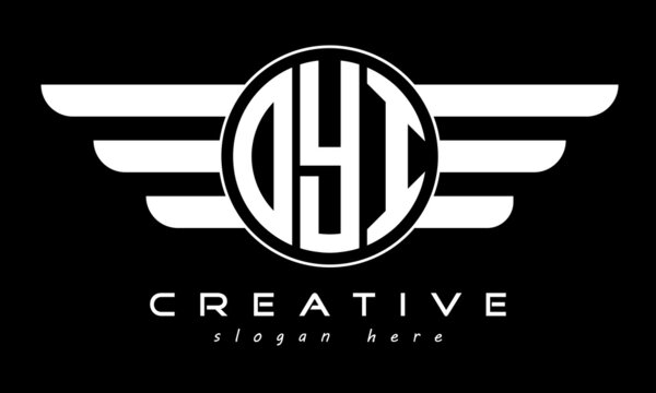 OYI three letter monogram type circle letter logo with wings vector template.