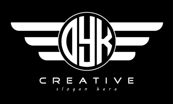 OYK three letter monogram type circle letter logo with wings vector template.