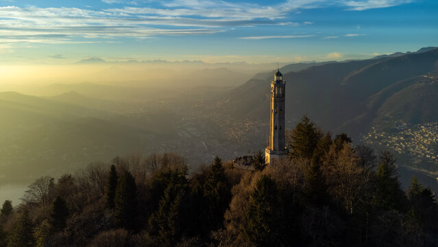 Aerial panoramic drone view of Faro Voltiano, Brunate, Lake Como, Lombardy, Italy
