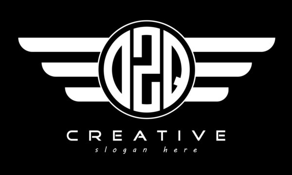 OZQ three letter monogram type circle letter logo with wings vector template.
