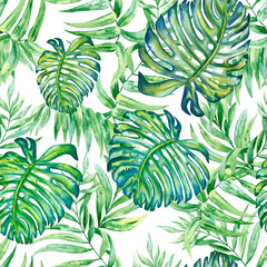 Fototapeta na wymiar Tropical leaves seamless watercolor pattern. Hand drawn illustration of green plant branches isolated on white background. Jungle ornament. Summer print for clothes and wallpaper. Exotic background.