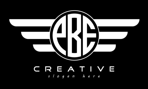 PBE three letter monogram type circle letter logo with wings vector template.