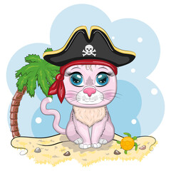 Cat pirate, cartoon character of the game, wild animal cat in a bandana and a cocked hat with a skull, with an eye patch. Character with bright eyes