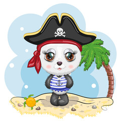 Panda pirate, cartoon character of the game, wild bear in a bandana and a cocked hat with a skull, with an eye patch. Character with bright eyes