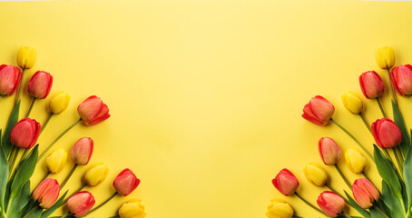 Composition of beautiful flowers of tulips on a yellow background. Flowers background.Top view, copy space.