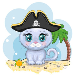 Cat pirate, cartoon character of the game, wild animal cat in a bandana and a cocked hat with a skull, with an eye patch. Character with bright eyes