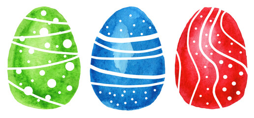 Set of green. blue, red watercolor easter eggs with ornament on white background. Watercolor illustration.  Spring holiday card. Perfect for greeting card, invitation, postcard, print.