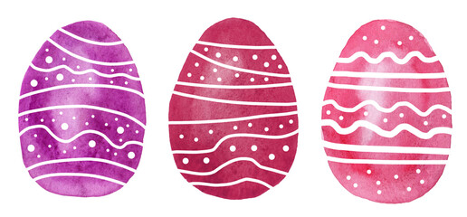 Set of red watercolor easter eggs with ornament on white background. Watercolor illustration.  Spring holiday card. Perfect for greeting card, invitation, postcard, print.