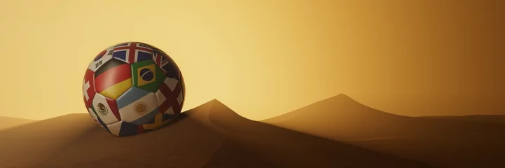 Fotobehang Bunter Fußball mit Länderflaggen in Wüste von Katar © Robert Kneschke