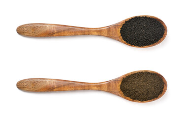 nigella sativa in seeds and powdered form in wooden spoons, also known as black seeds, black cumin or caraway or kalonji, isolated on white background, collection