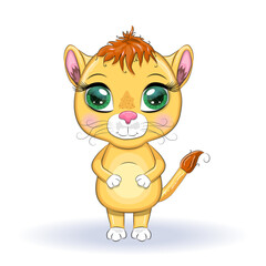 Cartoon lioness with expressive eyes. Wild animals, character, childish cute style.