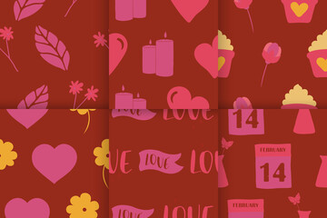 Seamless pattern for Valentine's Day with cute hand drawn elements. Flat vector illustration for paper, textile, fabric, prints, wrapping, greeting cards, banners