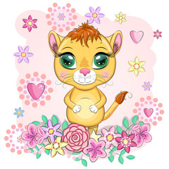 Cartoon lioness with expressive eyes. Wild animals, character, childish cute style