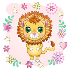 Cartoon lion with expressive eyes. Wild animals, character, childish cute style.