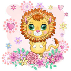Cartoon lion with expressive eyes. Wild animals, character, childish cute style.