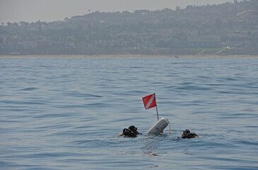  Scuba divers with flag and shore in background.