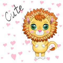 Cartoon lion with expressive eyes. Wild animals, character, childish cute style