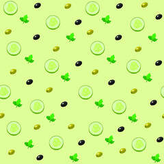 Seamless pattern with cucumbers. A slice of green cucumber, olive and parsley leaf. Banner, poster, wallpaper, print, promotional material. Vector illustration