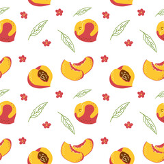 Seamless summer pattern of peaches, flowers and leaves. Vector illustration on a white background for decor, print, packaging paper