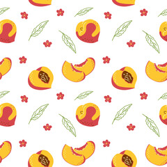 Seamless summer pattern of peaches, flowers and leaves. Vector illustration on a white background for decor, print, packaging paper