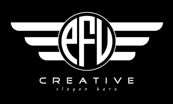 PFU three letter monogram type circle letter logo with wings vector template.