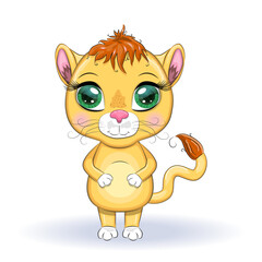 Cartoon lioness with expressive eyes. Wild animals, character, childish cute style.