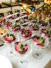 Tasty food from catering. Traditional cuisine with sandwiches, burgers, salads and pastry