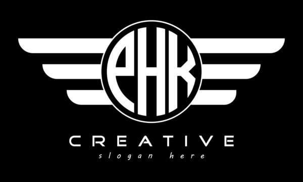 PHK three letter monogram type circle letter logo with wings vector template.