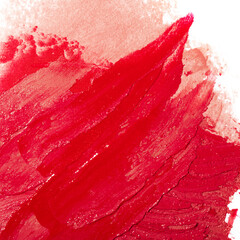 Beauty swatches. Lipsticks smear, palette of smudged lipsticks isolated on white background. Red color of cosmetic product smear sample