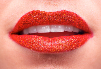 Woman's lips with lipstick close up. Visage lips.