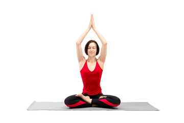 Beautiful happy woman with haircut and closed eyes sitting in lotus position with namaste gesture...