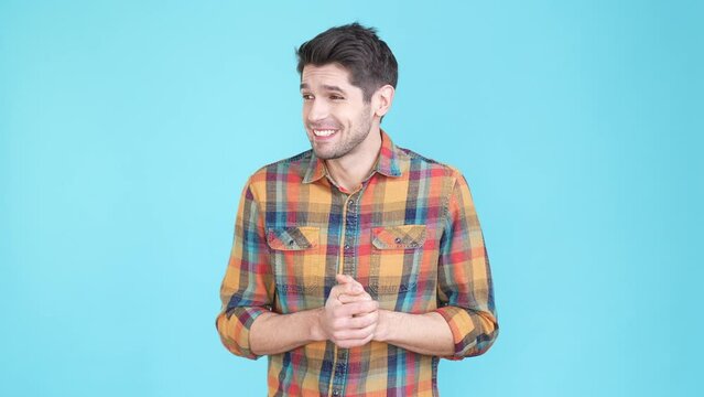 Guy feel guilty talk speak confidentiality isolated blue color background