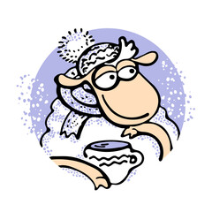 Cute Aries guy in a hat with a fluffy Pompom and a scarf with a cup and a love look and snow in pastel colors as a sticker