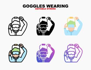 Goggle wearing man icon style line, outline, flat, glyph, color, gradient. Editable stroke and pixel perfect. Can be used for digital product, presentation, print design and more.
