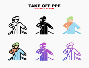 Fototapeta premium Personal Protective Equipment Take Off icon style line, outline, flat, glyph, color, gradient. Editable stroke and pixel perfect. Can be used for digital product, presentation, print design and more.