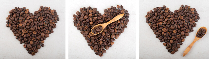 A heart made of coffee beans with a wooden spoon with coffee beans. Top view.