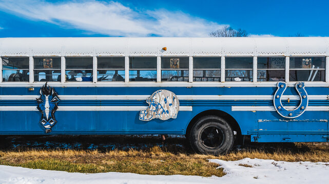 A vintage Colts team bus is parked in a lot on the Southside of Indianapolis during the winter on Wednesday, February 9th, 2022.