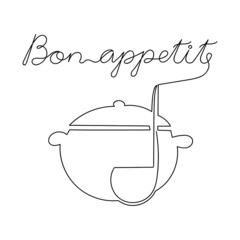 Continuous linear drawing inscription Bon appetit, pot and ladle .