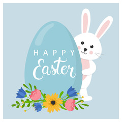 Happy Easter greeting card template with cute easter bunny. Rabbit looks out of easter egg. Template for greeting card, invitation, poster and easter design