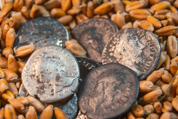 old coins lie on the grain close-up
