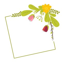 Square geometric frame with willow tulips and leaves. Vector illustration in a flat style isolated on a white background