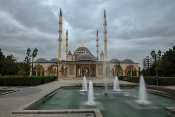 Cloudy September day at the "Heart of Chechnya" mosque. Grozny, Chechen Republic