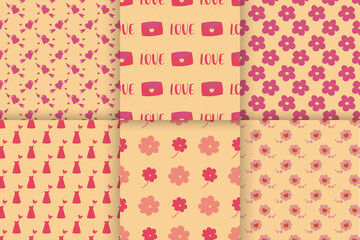 Seamless pattern for Valentine's Day with cute hand drawn elements. Flat vector illustration for paper, textile, fabric, prints, wrapping, greeting cards, banners
