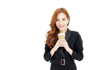 attractive asian smart woman drink beverage , Technology communication lifestyles concept.