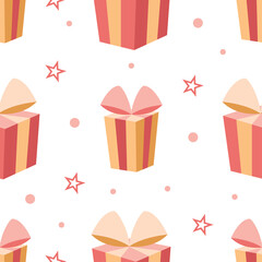 Happy Birthday. Seamless pattern for the celebration, wedding, fun with holiday horseshoes in boxes with silk bows. Vector image. Isolated objects.