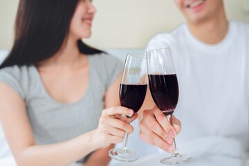 couple happiness celebrate anniversary drink wine smile and relax in home, People lifestyle concept.