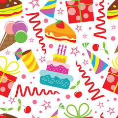 Happy Birthday. Seamless pattern for the celebration with cakes, ice cream, serpentine and gifts in boxes. Vector image. Isolated objects.