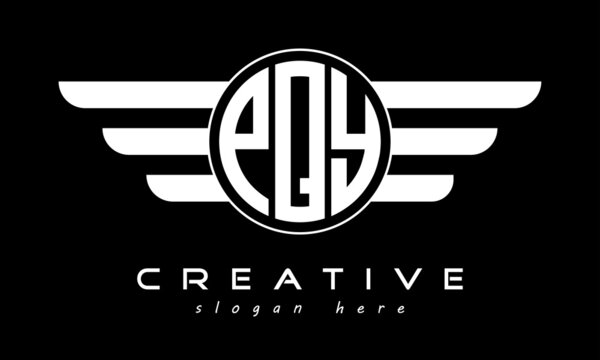 PQY three letter monogram type circle letter logo with wings vector template.